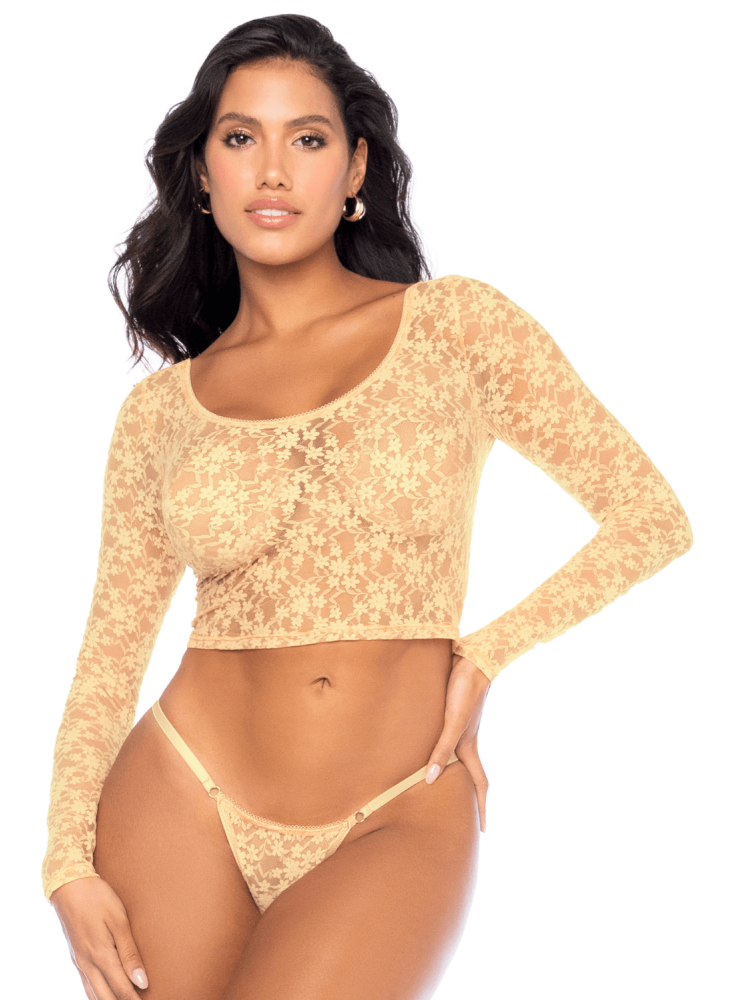 Ensemble 2 pièces en dentelle jaune pastel, crop top et string - MAL8918LYLW